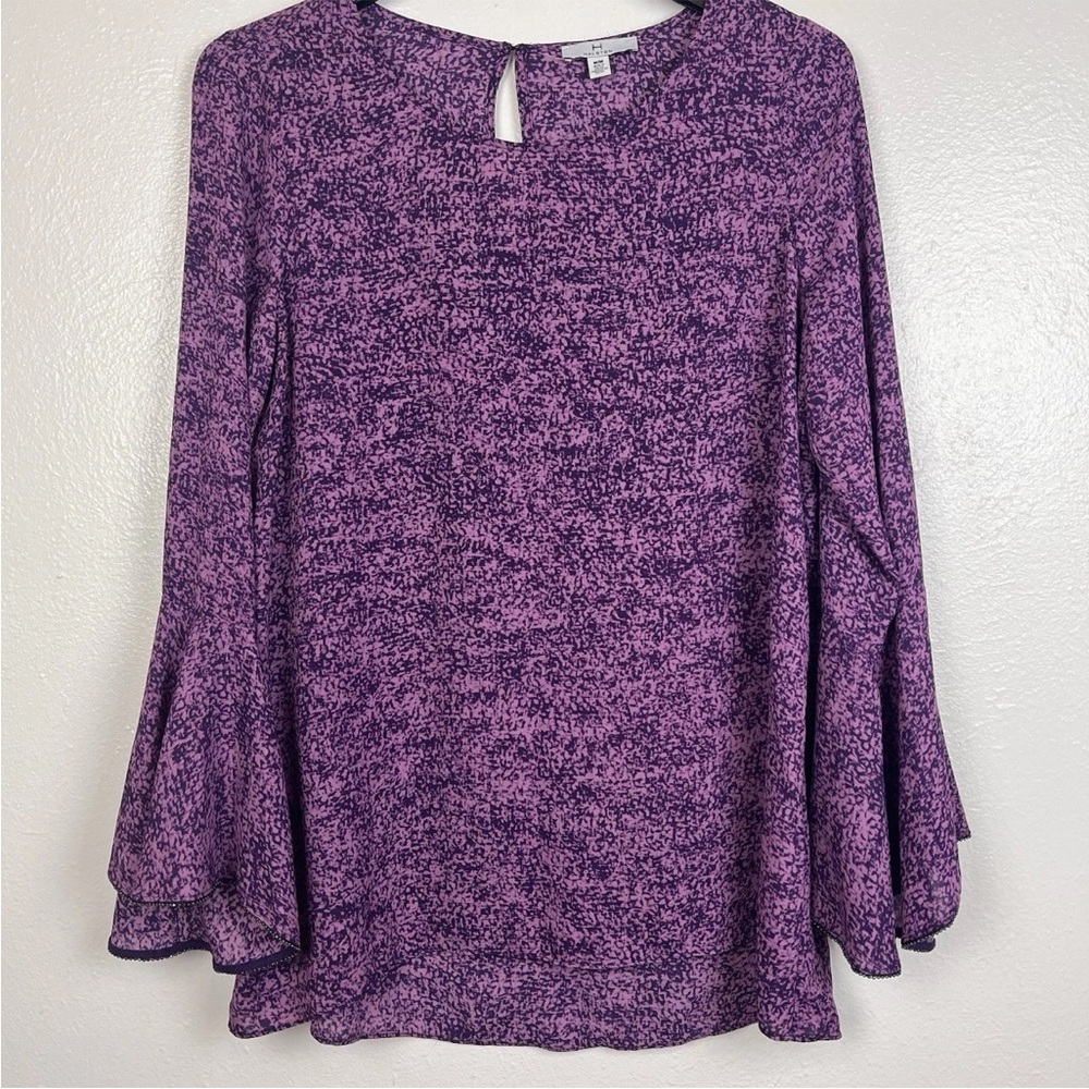 Halston Women's Tunic Top Pink & Purple Bell Sleeve Wrist Detail Size Medium